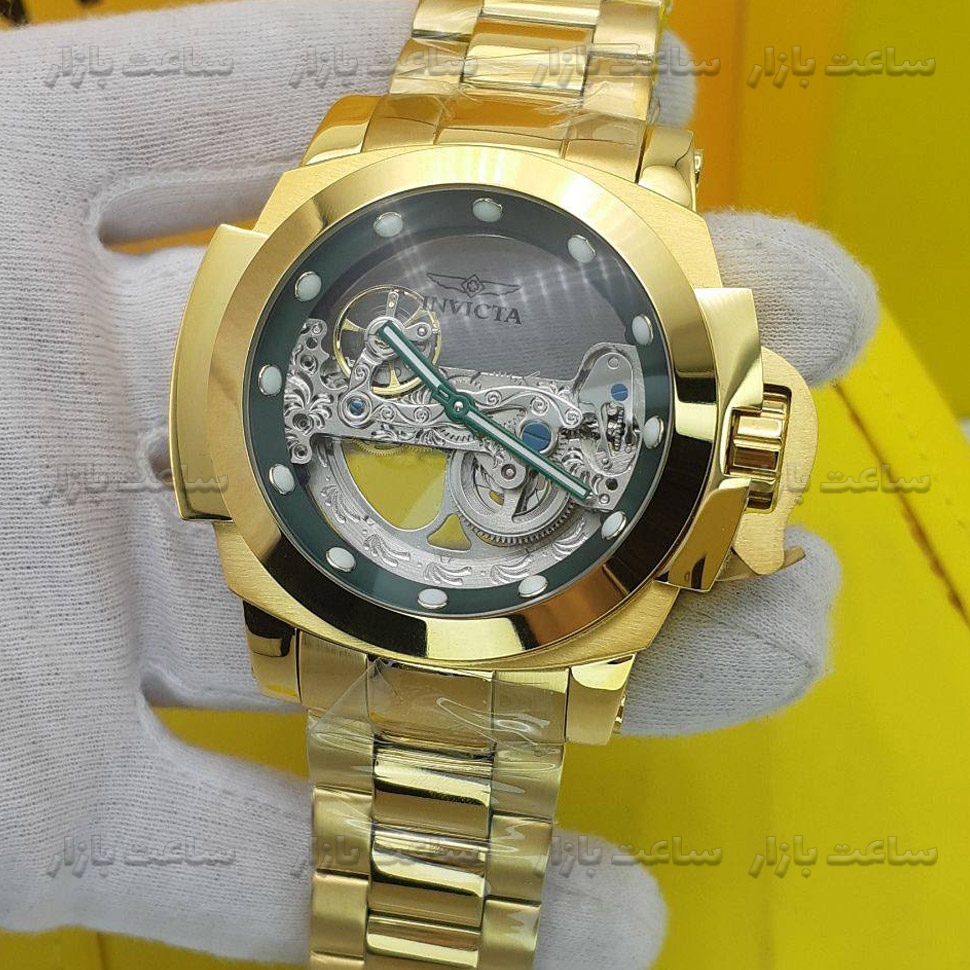 ساعت اینویکتا اتوماتیک طلایی پشت شیشه ای صفحه سبز