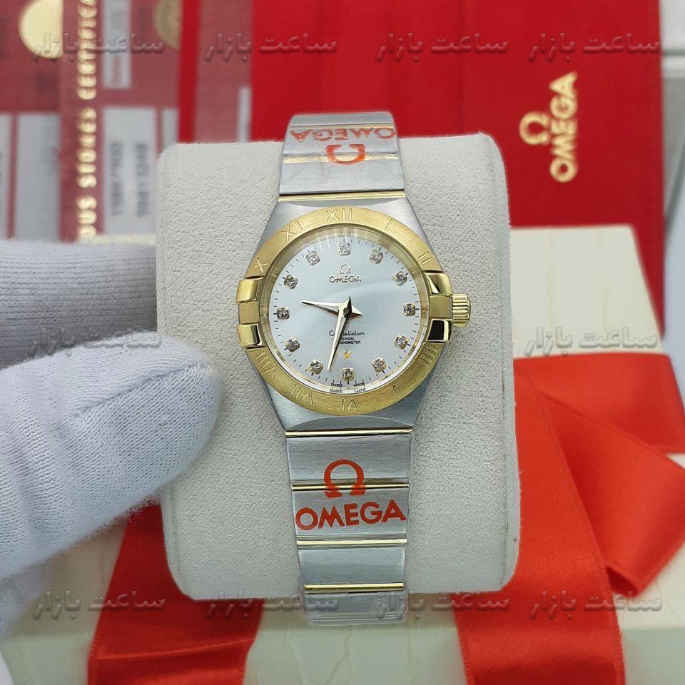 مشخصات ساعت امگا زنانه دورنگین طلایی سیلور Omega Constellation اصل